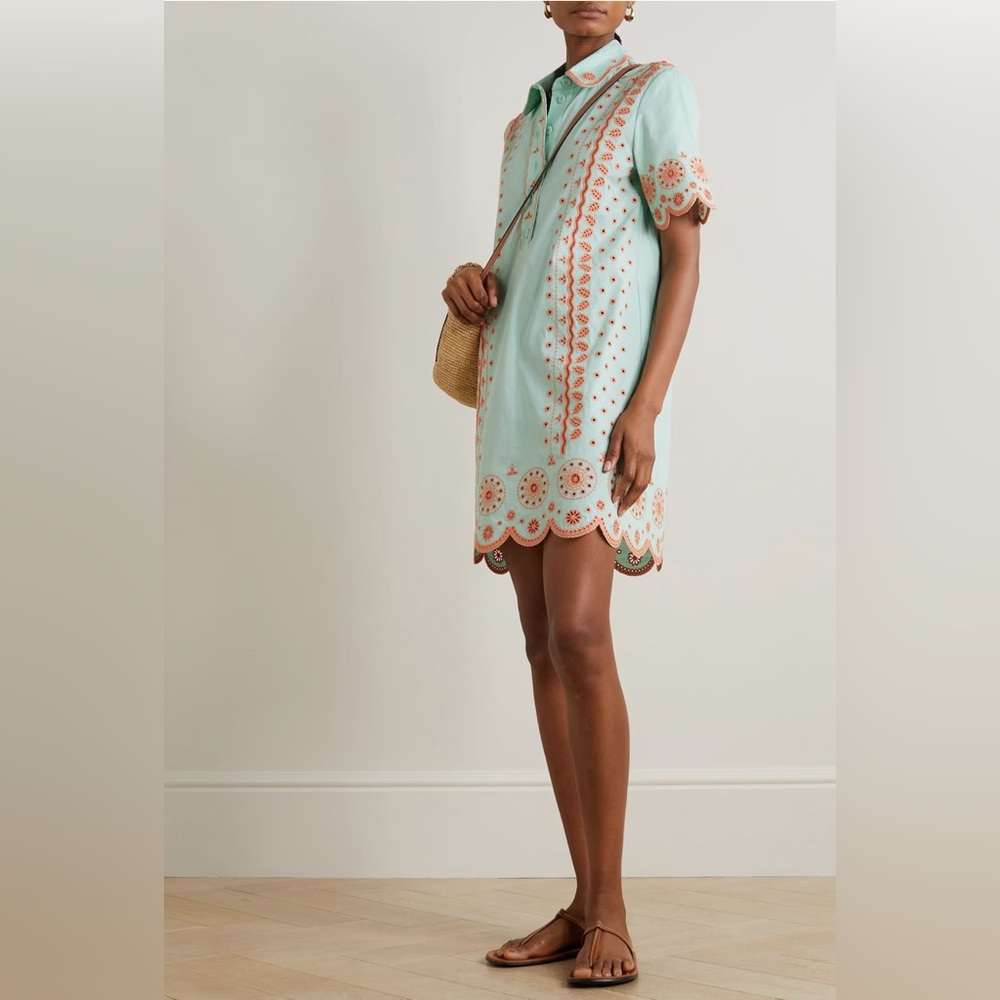 SALONI Dree B Embroidered Cotton-Poplin Scalloped Shirt Dress Bleach Aqua Sz 14